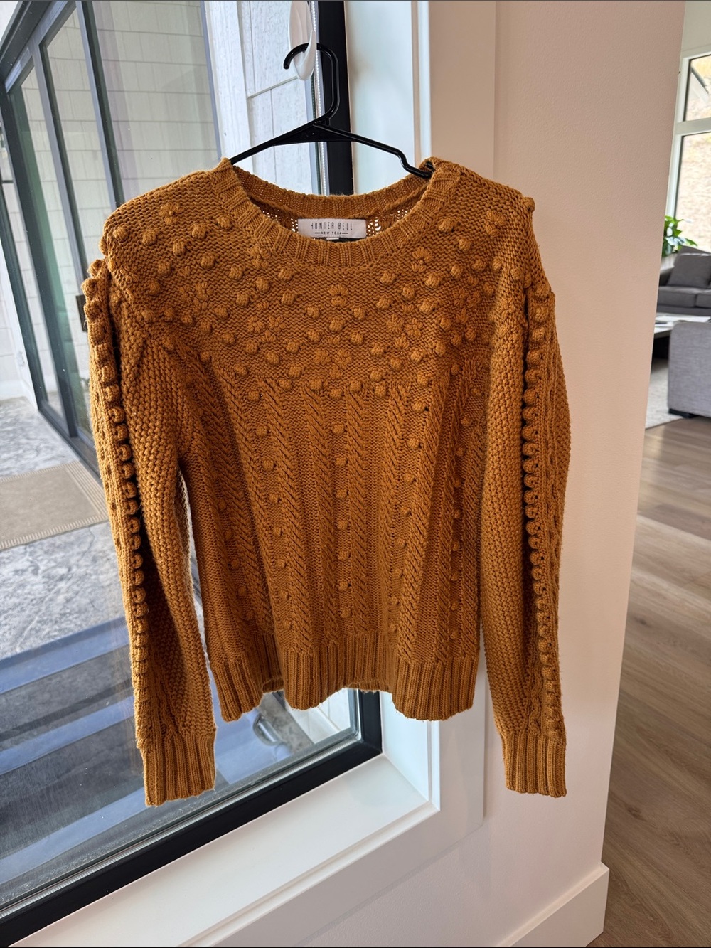 HUNTER BELL NY Mustard Pom-Pom Cable Knit Crewneck Sweater